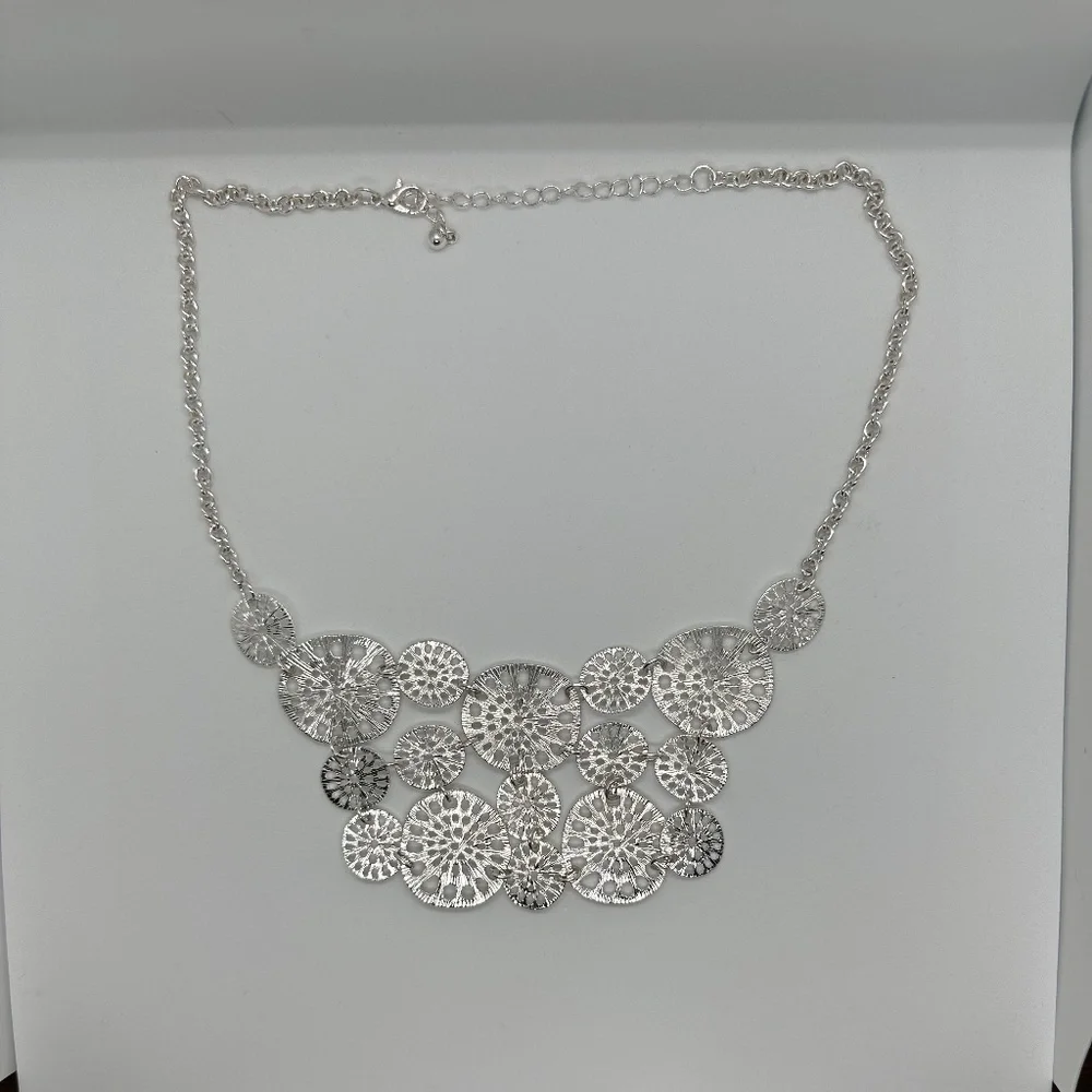 Pretty Silver Disks Statement Necklace